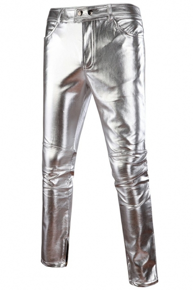 Fancy Mens Leather Pants Solid Color Zip up Slim Fit Pants