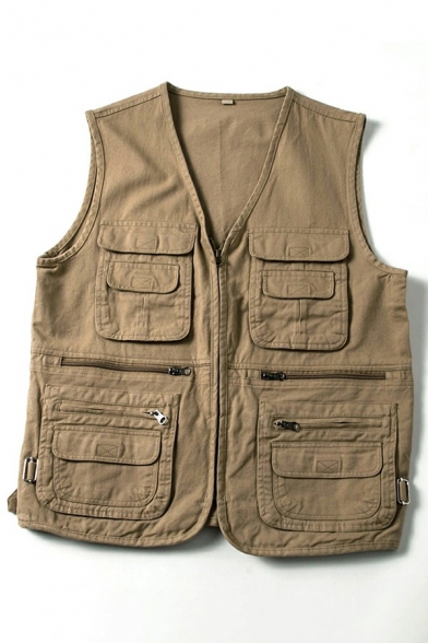 Fashion Vest Pure Color Multi-Pockets Designed Sleeveless Regular Fit Zip Closure Vest for Guys