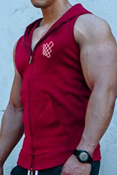 Fashionable Mens Vest Pure Color Sleeveless Regular Fitted Vest with Hoodie