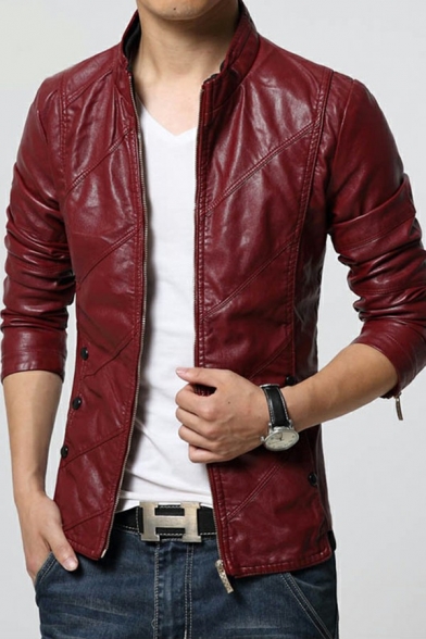 Fashionable Pure Color Mens Jacket Zip Closure Stand Collar Side Pockets Slim Fitted Leather Jacket