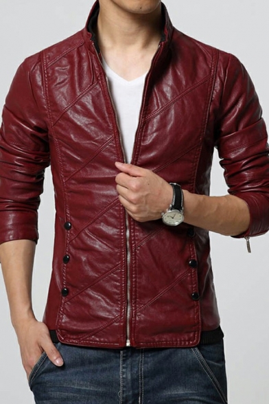 Fashionable Pure Color Mens Jacket Zip Closure Stand Collar Side Pockets Slim Fitted Leather Jacket