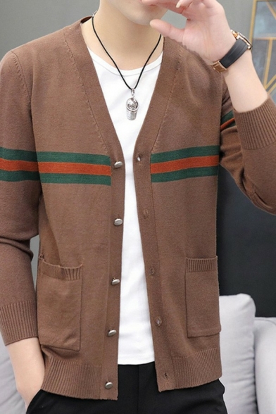 Guys Edgy Cardigan Contrast Color V-Neck Button Up Pocket Detail Long-sleeved Regular Cardigan