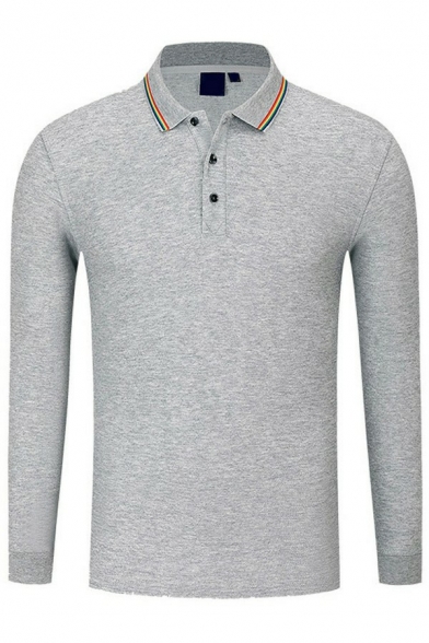 Guys Modern Polo Shirt Stripe Patterned Long Sleeve Button-up Fitted Polo Shirt