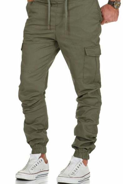 Leisure Pants Solid Color Pocket Drawstring Elastic Waist Ankle Length Slim Fit Pants for Men