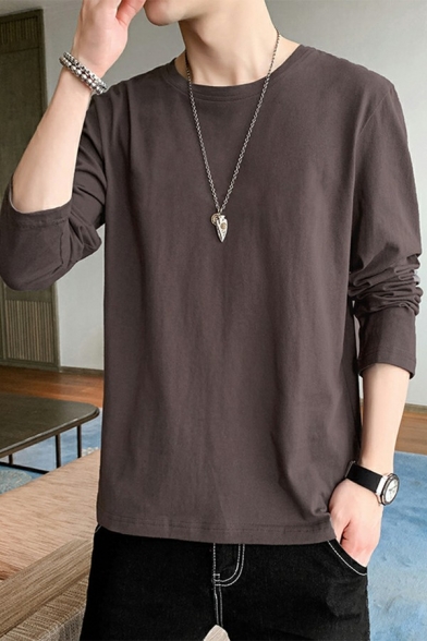 Men Boyish Tee Shirt Pure Color Round Collar Long Sleeves Regular Fitted T-Shirt