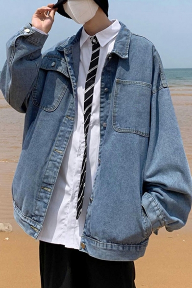 Men Cozy Jacket Solid Color Turn-down Collar Flap Pocket Button Detailed Oversized Denim Jacket