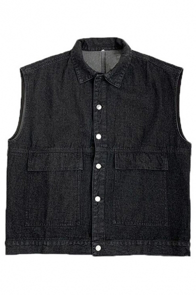 Men Hip-hop Vest Pure Color Turn-down Collar Button-up Flap Pocket Loose Vest