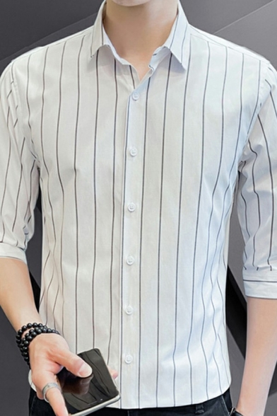 Men Modern Shirt Stripe Pattern Collar Button Fly 3/4 Sleeve Regular Shirt