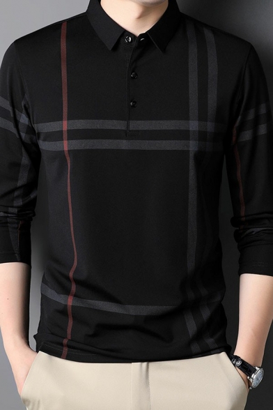 Men Pop Polo Shirt Stripe Patterned Collar 1/4 Button Long-sleeved Regular Fit Polo Shirt