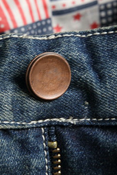 Men Street Style Denim Pants Plain Zip Closure Shredded Pocket Detail s Fitted Denim Pants