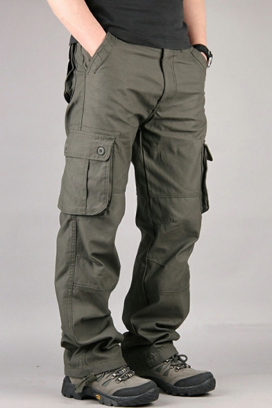 Men Street Style Men Pants Pure Color Flap Pocket Loose Fit Long Length Zip Placket Cargo Pants