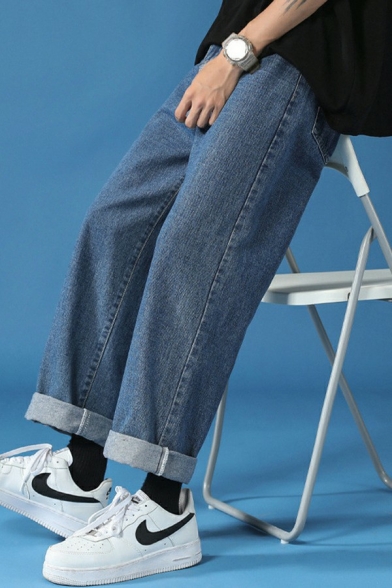 Men Vintage Denim Pants Solid Color Zip Fly Pocket Detailed Loose Denim Pants