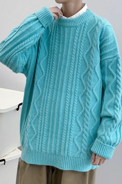 Men Warm Pullover Whole Colored Cable Knit Crew Neck Baggy Long-sleeved Pullover
