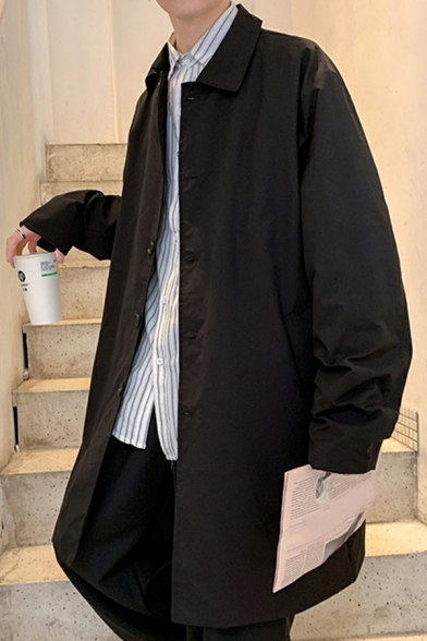 Mens Edgy Trench Coat Pure Color Long Sleeve Lapel Collar Long Length Loose Button Fly Trench Coat