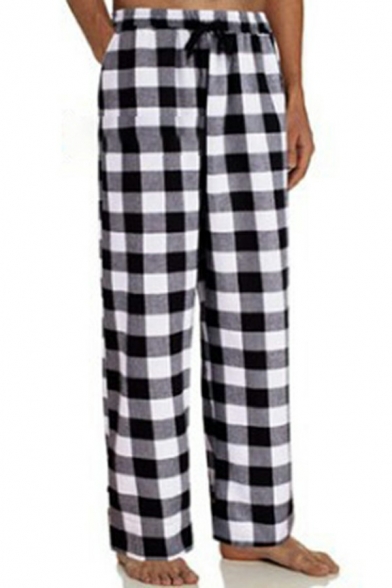 Mens Fancy Pants Contrast Plaid Pattern Drawcord Waist Fit Straight Pants