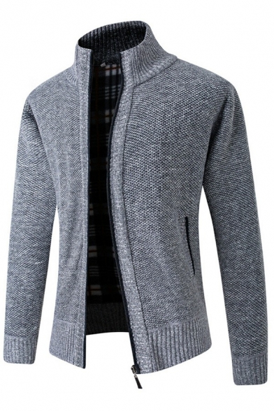 Mens Pop Cardigan Pure Color Rib Hem Knitted Stand Collar Long Sleeves Relaxed Fit Zipper Cardigan