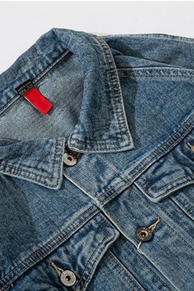 Mens Unique Jacket Chest Pocket Button Placket Turn-Down Collar Loose Denim Jacket