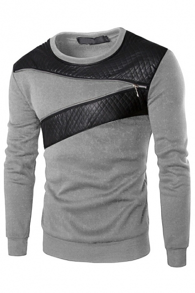Modern Mens Sweatshirt Color Block Zip Designed Long Sleeve Round Collar Slim Fitted Sweatshirt