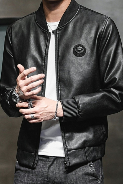 Retro Leather Jacket Logo Pattern Rib Hem Zip Up Pocket Embellish Loose Fit Leather for Men