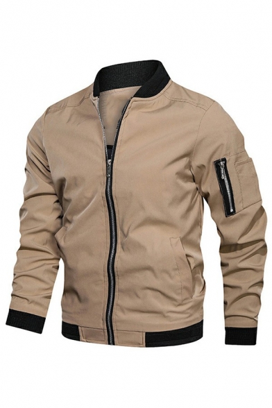 Retro Men Baseball Jacket Pure Color Long Sleeves Stand Collar Relaxed Zip Closure Baseball Jacket