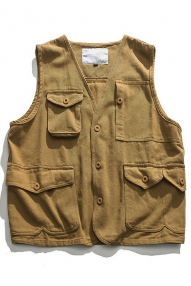 Retro Vest Solid Color Multi Pockets Detailed Relaxed Sleeveless Button Down Vest for Guys