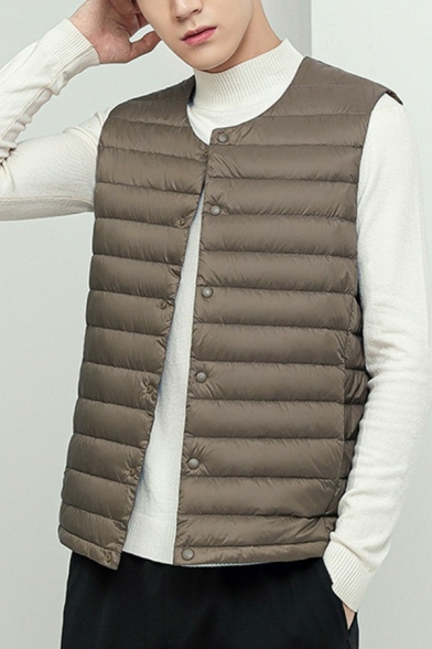 Simple Mens Vest Solid Color Crew Neck Full-Zip Placket Regular Fitted Vest with Pocket