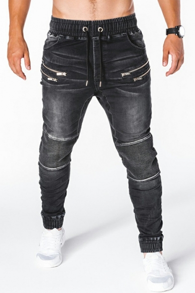 Sporty Jeans Solid Drawcord Waist Zip Design Skinny Long Length Jeans for Guys