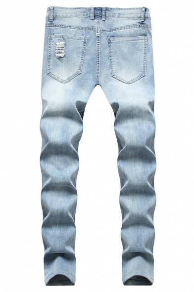 Street Look Plain Men's Jeans Zip Closure Mid Rise Destroyed Design Slim Cut Jeans