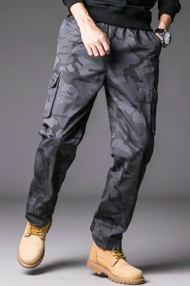 Stylish Mens 's Pants Camo Pattern Mid-Rise Zip up Full Length Straight Leg Pants
