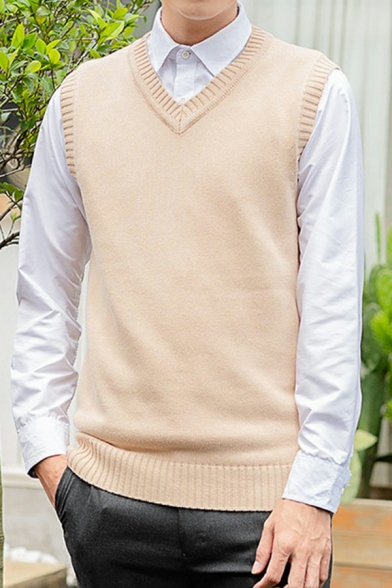 Stylish Vest Whole Colored V Neck Sleeveless Slimming Knitted Vest for Guys