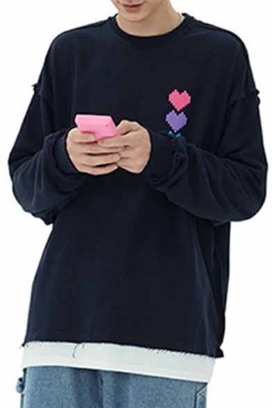 Trendy Men's Sweatshirt Crew Neck Faux Twinset Love Print Long Sleeves Regular Fit Sweatshirt