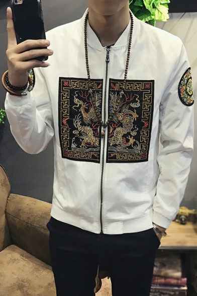 Unique Dragon Pattern Jacket Stand Collar Long Sleeves Slimming Zipper Jacket for Men