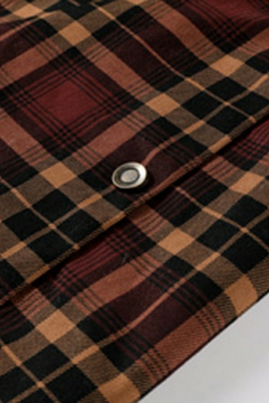 Urban Coat Tartan Print Pocket Detailed Long Sleeves Stand Collar Loose Fit Button Up Coat for Men