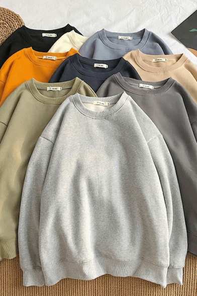 Basic Mens Sweatshirt Solid Color Long Sleeves Round Neck Rib Cuffs Loose Fit Sweatshirt