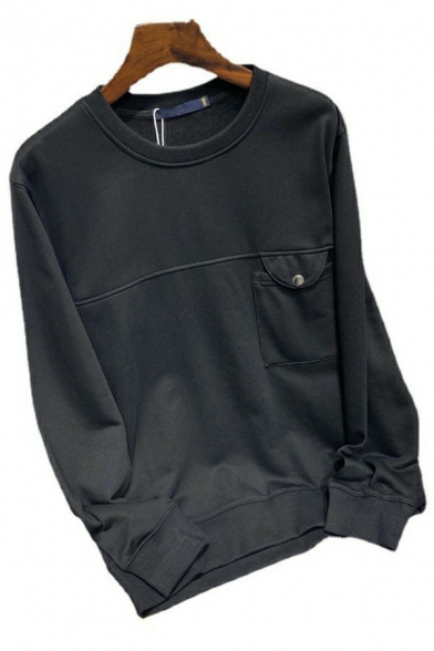 Basic Sweatshirt Solid Color Round Neck Regular Fit Long-sleeved Sweatshirt for Men