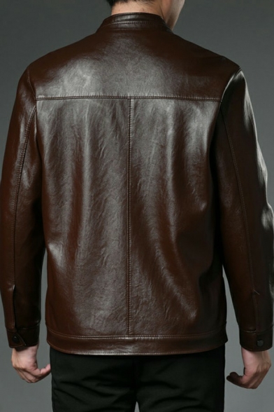 Chic Jacket Solid Color Pocket Stand Collar Regular Fitted Long Sleeves Zip Fly Leather Jacket for Men