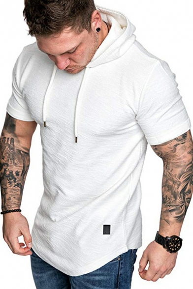 Chic T Shirt Pure Color Drawcord Curved Hem Detailed Short Sleeves Skinny Hooded Tee Shirt for Men