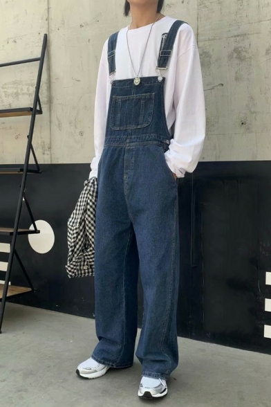 Classic Mens Denim Overall Solid Color Straight Fit Full Length Overall