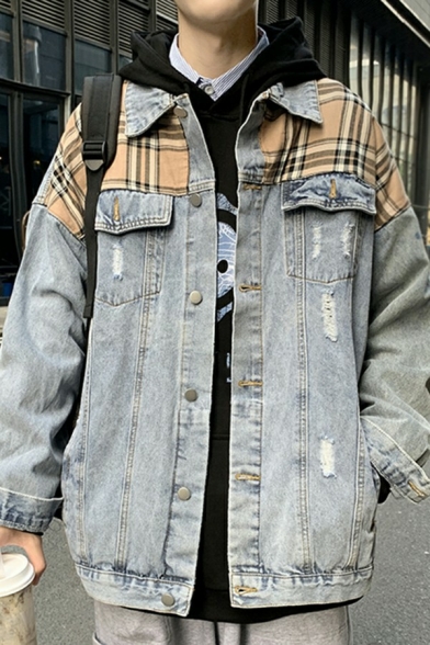 Cool Denim Jacket Contrast Striped Pocket Detailed Long Sleeve Turn-down Collar Loose Jacket for Guys