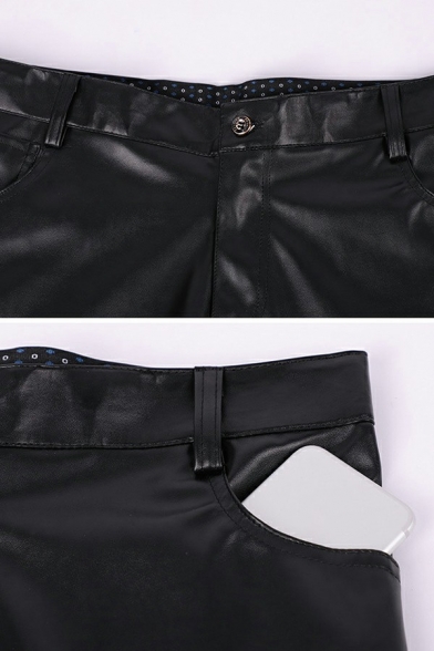 Cool Men Pants Whole Colored Full Length Mid Rise Slim Fitted Zip Down Leather Pants