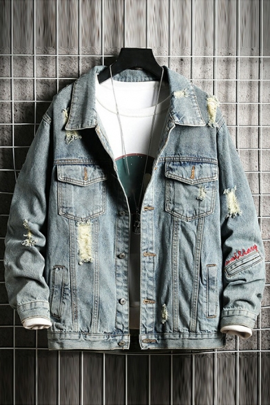 Cool Mens Jacket Pure Color Ripped Pocket Button Fly Long Sleeves Baggy Denim Jacket