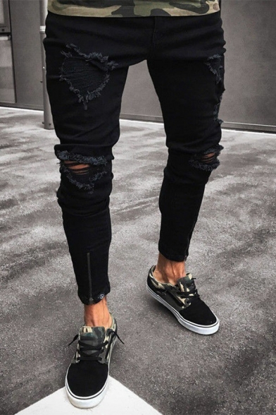 Cozy Jeans Solid Color Full Length Ripped Pocket Skinny Jeans for Guys