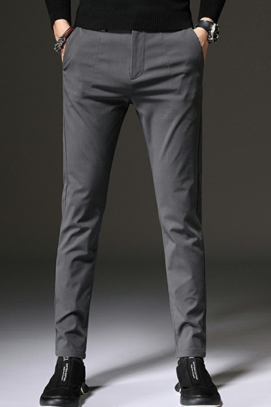 Dashing Mens Pants Solid Color Full Length Straight Leg Mid Rise Slim Fitted Zip Closure Pants