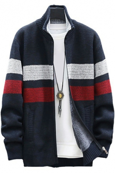 Edgy Cardigan Color Block Stand Collar Long Sleeve Zip Fly Relaxed Fit Cardigan for Guys