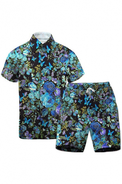 Fancy Set All-Over Dog Printed Collar Button-up Shirt Shorts Relaxed Fit Set for Guys