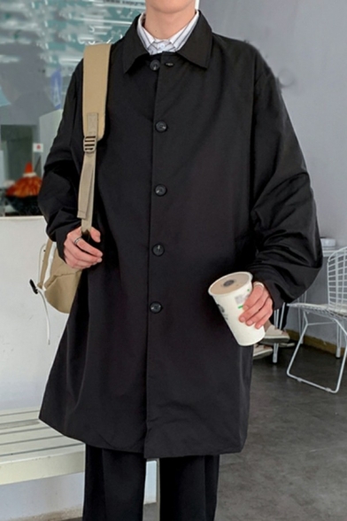 Freestyle Guys Coat Pure Color Turn-down Collar Button Up Side Pocket Long-sleeved Loose Coat