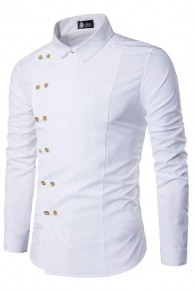 Guys Fancy Shirt Solid Color Turn-down Collar Applique Button Long Sleeves Shirt