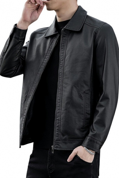 Hot Jacket Solid Color Turn-down Collar Zip Placket Long-sleeved PU Jacket for Guys