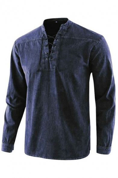Hot Shirt Whole Colored Lace-up Decoration Long Sleeve Regular Fit Shirt for Men