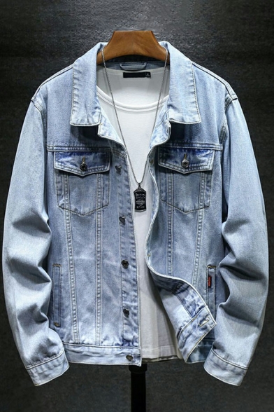 Leisure Mens Denim Jacket Solid Single Breasted Long Sleeves Side Pocket Regular Denim Jacket